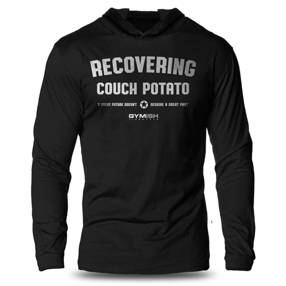 GYMISH Recovering Couch Potato Lightweight Long Sleeve Hooded T-Shirt for Men – Funny Workout Hoodie, Athletic Fitness Shirt for Men