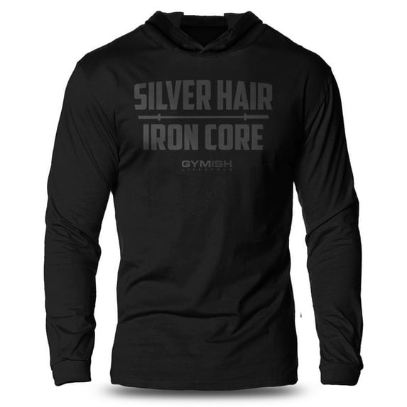 GYMISH SILVER HAIR, IRON CORE Lightweight Long Sleeve Hooded T-Shirt for Men – Funny Gym Hoodie, Athletic Workout Shirt for Older Lifters & Fitness Enthusiasts