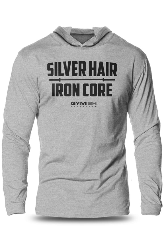 SILVER HAIR, IRON CORE Lightweight Long Sleeve Hooded T-Shirt for Men – Funny Gym Hoodie, Athletic Workout Shirt for Older Lifters & Fitness Enthusiasts