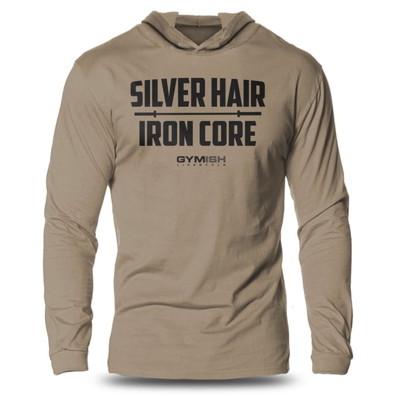 GYMISH SILVER HAIR, IRON CORE Lightweight Long Sleeve Hooded T-Shirt for Men – Funny Gym Hoodie, Athletic Workout Shirt for Older Lifters & Fitness Enthusiasts