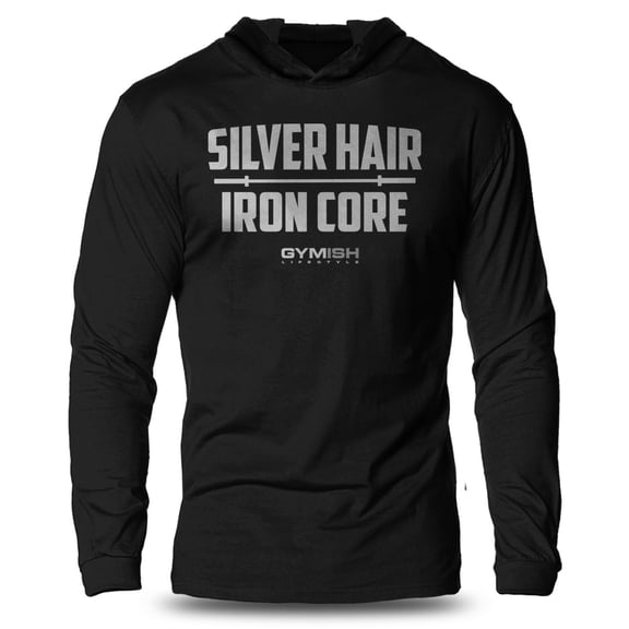 GYMISH SILVER HAIR, IRON CORE Lightweight Long Sleeve Hooded T-Shirt for Men – Funny Workout Hoodie, Athletic Fitness Shirt for Older Lifters