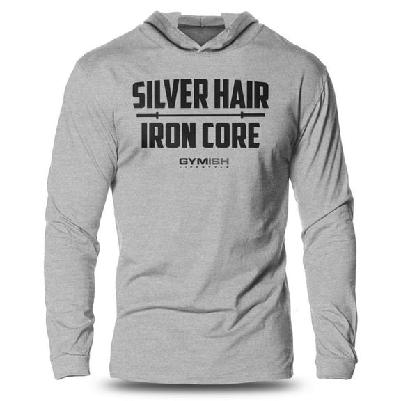 GYMISH SILVER HAIR, IRON CORE Lightweight Long Sleeve Hooded T-Shirt for Men – Funny Gym Hoodie, Athletic Workout Shirt for Older Lifters & Fitness Enthusiasts