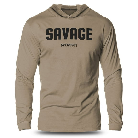 GYMISH Savage Lightweight Long Sleeve Hooded T-Shirt for Men – Funny Gym Hoodie, Workout Apparel for Lifters & Athletes