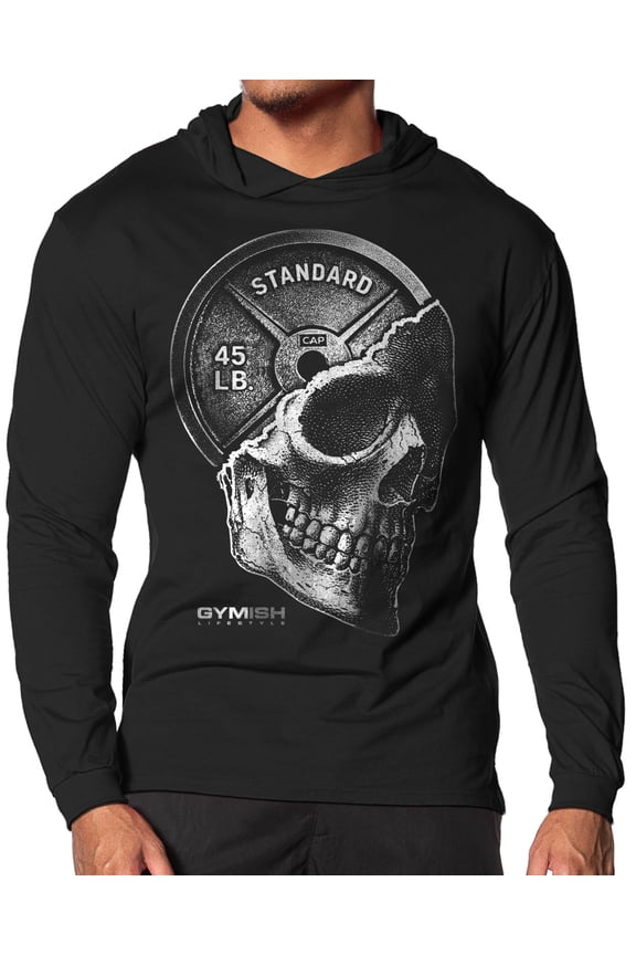 Skull Plate Lightweight Long Sleeve Hooded T-Shirt for Men – Edgy Gym Hoodie, Workout Shirt for Weightlifters & Bodybuilders