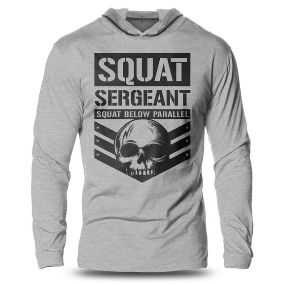 GYMISH Squat Sergeant Lightweight Long Sleeve Hooded T-Shirt for Men – Funny Workout Hoodie, Gym Shirt for Weightlifters & Fitness Enthusiasts