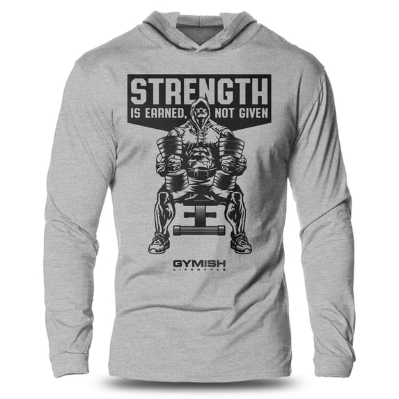 GYMISH Strength Earned Lightweight Long Sleeve Hooded T-Shirt for Men – Motivational Gym Hoodie, Workout Shirt for Lifters & Athletes