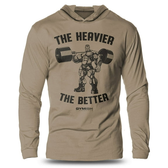 GYMISH The Heavier The Better Lightweight Long Sleeve Hooded T-Shirt for Men – Funny Workout Hoodie, Gym Shirt for Lifters & Athletes