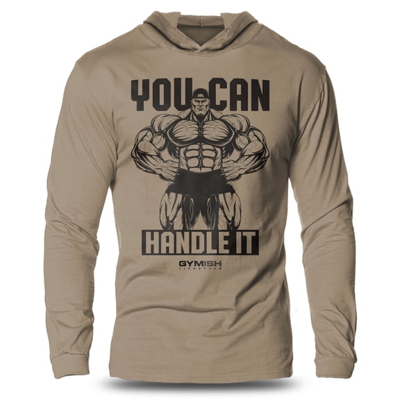 GYMISH You Can Handle It Lightweight Long Sleeve Hooded T-Shirt for Men – Motivational Workout Hoodie, Khaki, Small