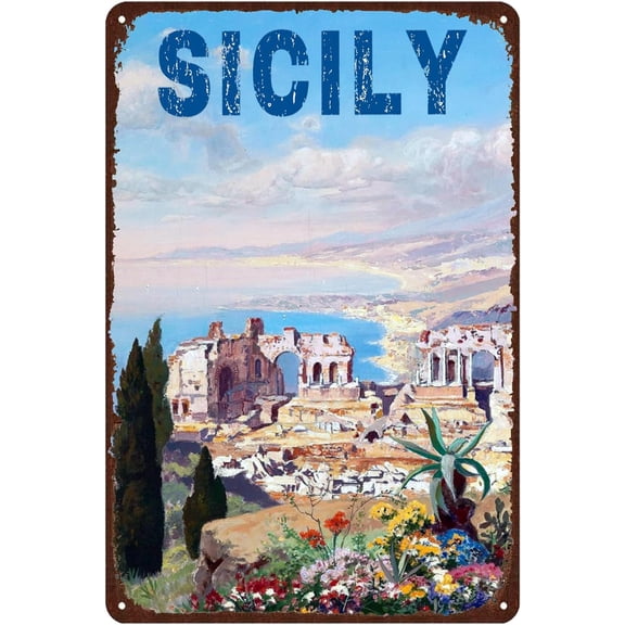 GYMSLAVE Vintage Metal Tin Sign Sicily Travel Poster Retro Tin Plaque,Garage Signs For Men Home Cafe Bedroom Gym Wall Decor 12x8 Inch