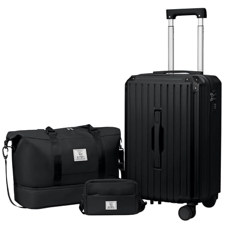 Gynky Luggage Sets 3 Piece with Duffel Bag 20 in Carry on Luggage Set Hardshell ABS Suitcase with 360° Spinner Wheels for Women Men, Black