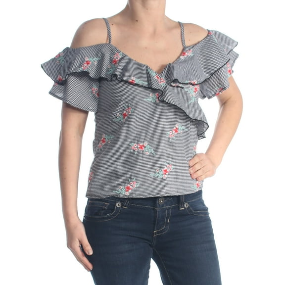 GYPSIES & MOONDUST $34 Womens Black Ruffled Gingham Off Shoulder Blouse XS B+B