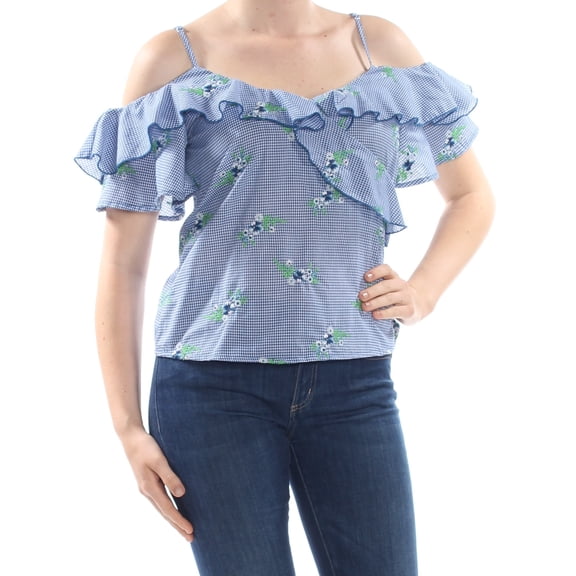 GYPSIES & MOONDUST $34 Womens Blue Printed Gingham Ruffled Off Shoulder Top M