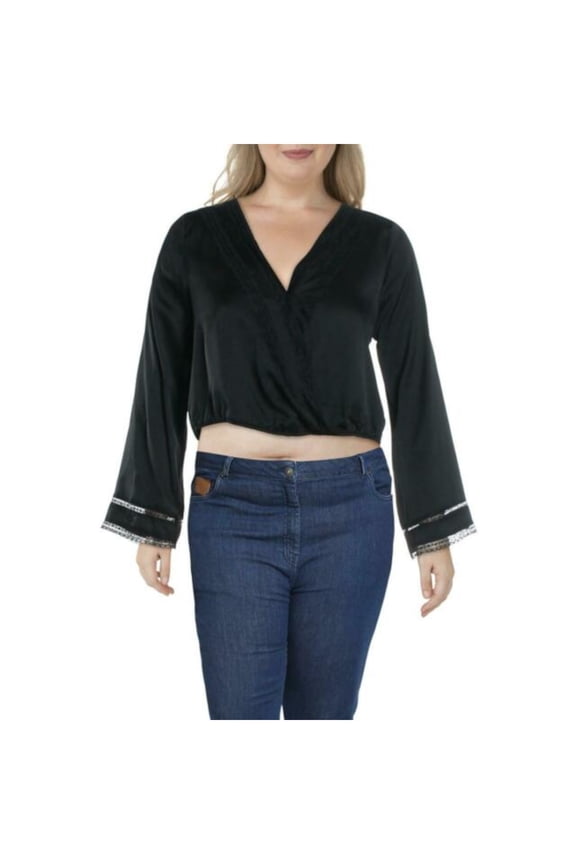 Womens Black Lace Bell Sleeve V Neck Faux Wrap Top M