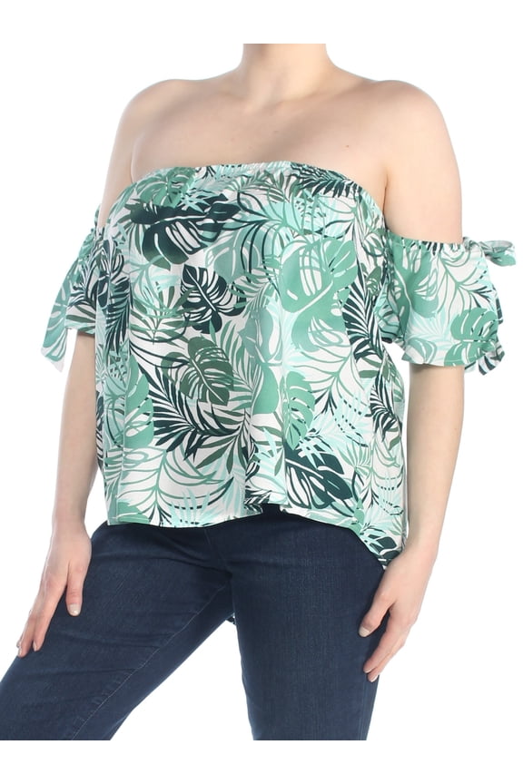 Womens Green Printed Off The Shoulder Tie Sleeve Short Sleeve Strapless Top Juniors XL