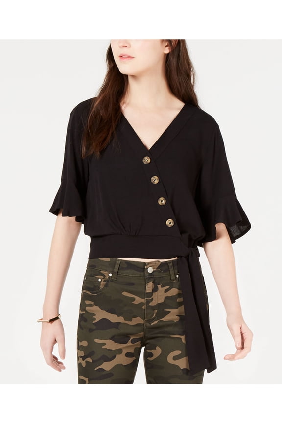 Womens New 0573 Black Tie Front V Neck Wrap Casual Top XL B+B