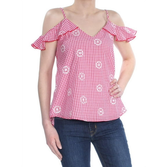 GYPSIES & MOONDUST Womens New 1185 Red Check Cold Shoulder Top M B+B
