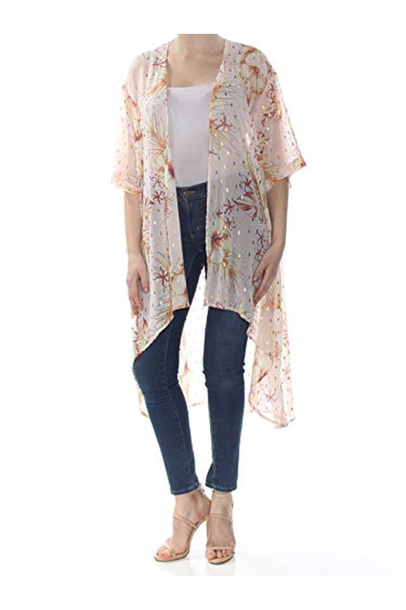 Juniors' Printed Open-Front Kimono Pink Floral M