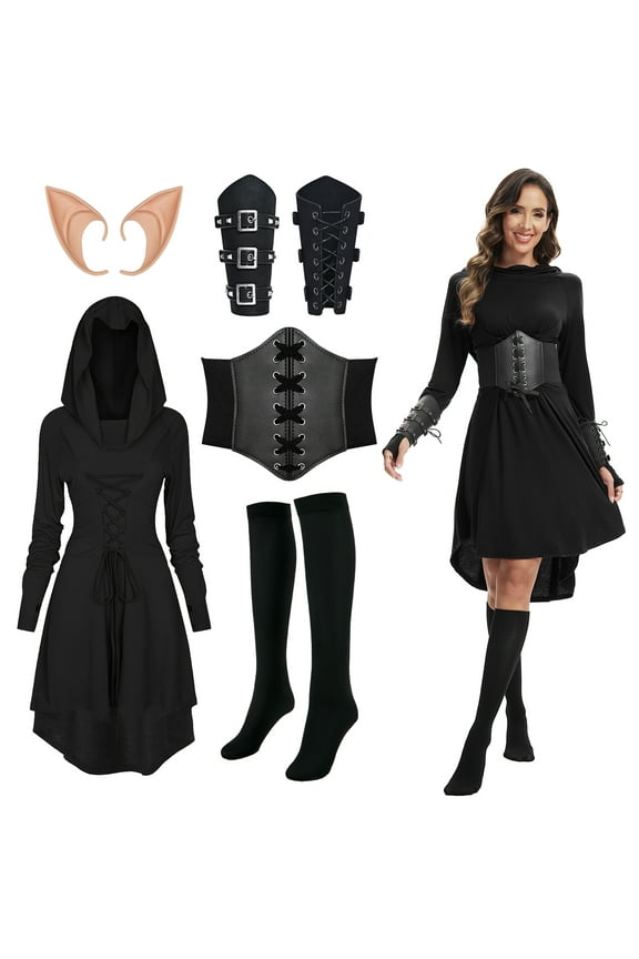 5 Pcs Women Renaissance Elf Costume Hooded Robe Lace Up Medieval Fairy Dress Suitable for Halloween Cosplay,Black,2XL