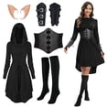thumbnail image 1 of GYQMBT 5 Pcs Women Renaissance Elf Costume Hooded Robe Lace Up Medieval Fairy Dress Suitable for Halloween Cosplay,Black,L, 1 of 7