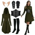 thumbnail image 1 of GYQMBT 5 Pcs Women Renaissance Elf Costume Hooded Robe Lace Up Medieval Fairy Dress Suitable for Halloween Cosplay,Green,M, 1 of 7