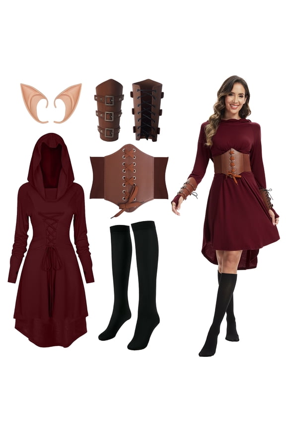 5 Pcs Women Renaissance Elf Costume Hooded Robe Lace Up Medieval Fairy Dress Suitable for Halloween Cosplay,Red,L