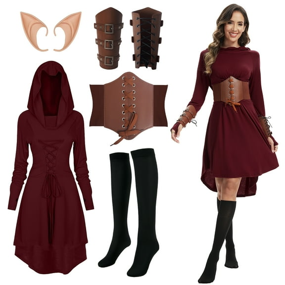 GYQMBT 5 Pcs Women Renaissance Elf Costume Hooded Robe Lace Up Medieval Fairy Dress Suitable for Halloween Cosplay,Red,S