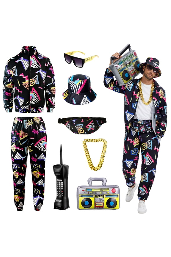 80s 90s Men's Sportswear, Party Hip Hop Windbreaker 90s Disco Sportswear, 80s Adult Bizarre Costume 8 Piece Set, Black, L