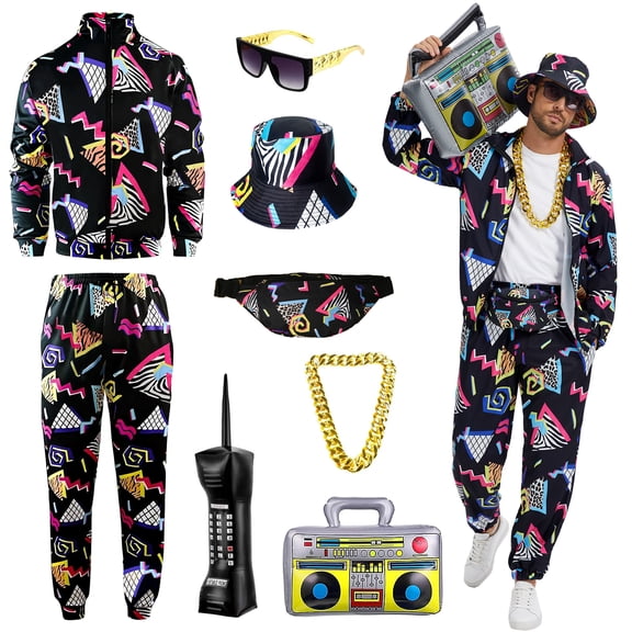 GYQMBT 80s 90s Men's Sportswear, Party Hip Hop Windbreaker 90s Disco Sportswear, 80s Adult Bizarre Costume 8 Piece Set, Black, XL