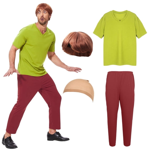 GYQMBT Adult Halloween Costume Men Classic Movie Cartoon Character Costumes Set, Green T-Shirt and Brown Pants with Brown Wig, XL