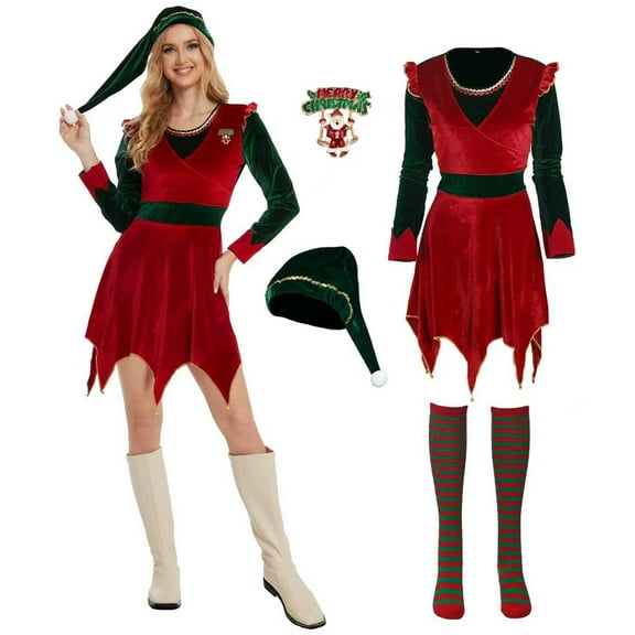 GYQMBT Christmas Elf Costume For Women,4 Pcs Cute Jovi the elf Dress Womens adult Holiday Xmas Fancy Outfit for Party,S