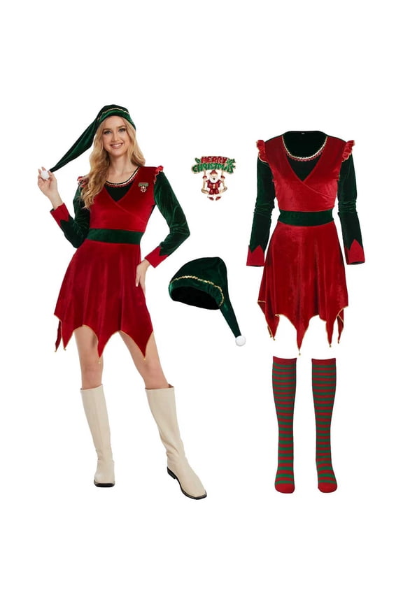 Christmas Elf Costume For Women,4 Pcs Cute Jovi the elf Dress Womens adult Holiday Xmas Fancy Outfit for Party,S