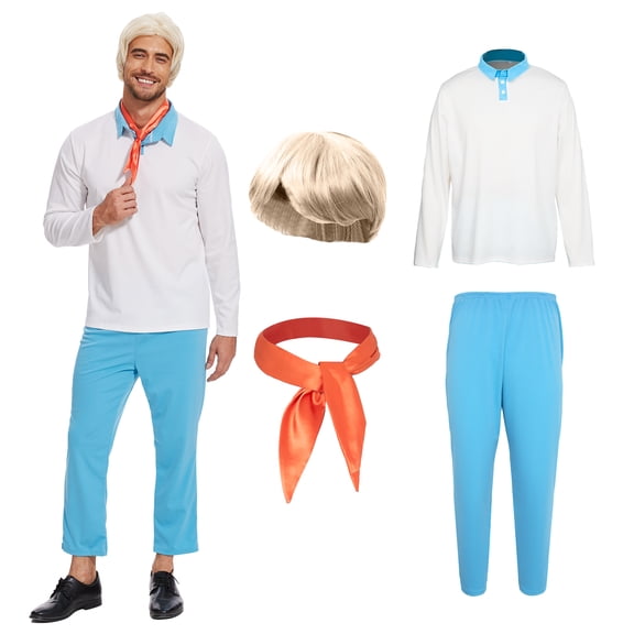 GYQMBT Men Classic Movie Cartoon Character Costume Set Adult Halloween Costume with Blonde Wig Orange Scarf and Trousers for Cosplay,3XL