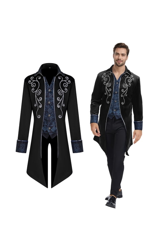 Men Medieval Steampunk Tailcoat Jacket Gothic Victorian Frock Coat Uniform Halloween Party Cosplay Gentleman Costumes, Black, S