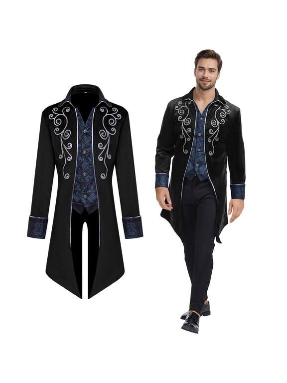 Men Medieval Steampunk Tailcoat Jacket Gothic Victorian Frock Coat Uniform Halloween Party Cosplay Gentleman Costumes, Black, S