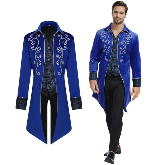 GYQMBT Men Medieval Steampunk Tailcoat Jacket Gothic Victorian Frock Coat Uniform Halloween Party Cosplay Gentleman Costumes, Blue, S