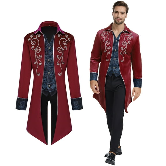 GYQMBT Men Medieval Steampunk Tailcoat Jacket Gothic Victorian Frock Coat Uniform Halloween Party Cosplay Gentleman Costumes, Red, S