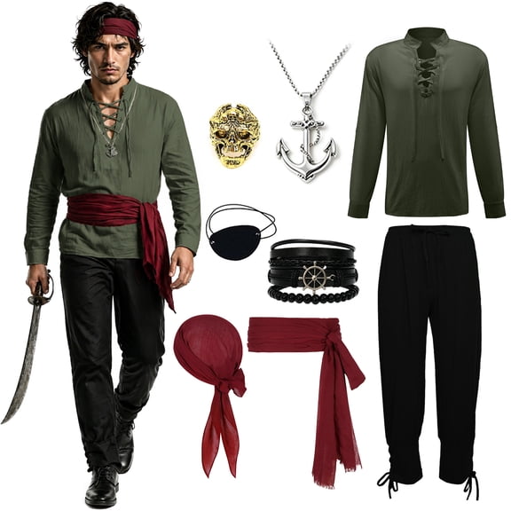 GYQMBT Men’s Pirate Costume Set,Renaissance Medieval Outfit,Men’s Pirate Outfit With Shirt Pants Sash Accessories (Green,M)