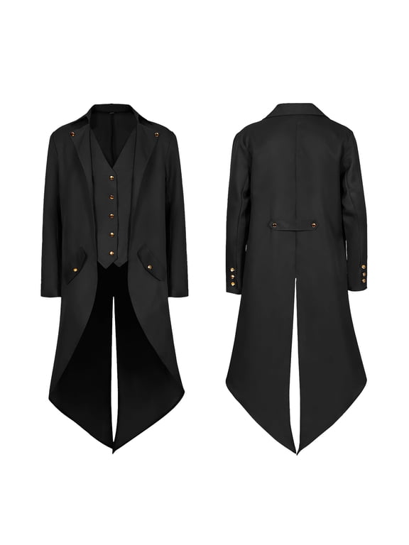 Men's Steampunk Vintage Tailcoat Jacket, Medieval Victorian Vintage Uniform Long Tuxedo,Halloween Costume, Black, XL