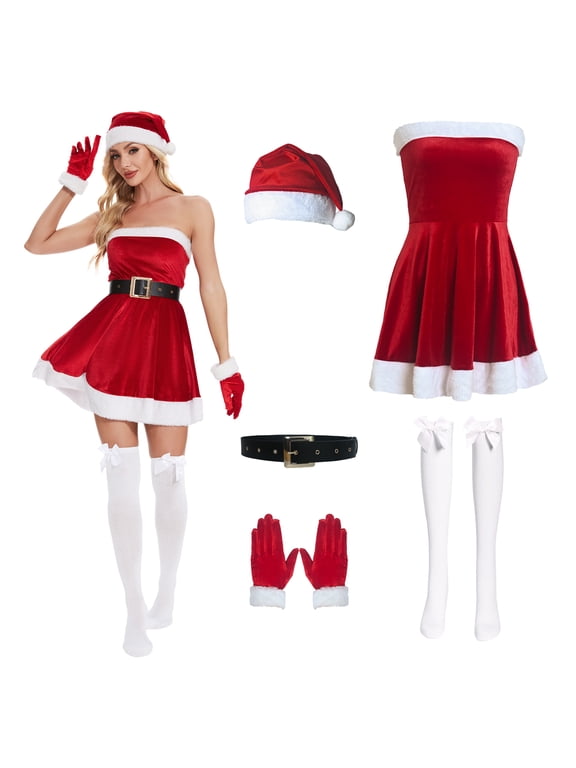 Women's Mrs. Claus Santa Costume 5 Pcs Christmas Dress Red Holiday Dresses for Women Cosplay Outfit,2XL