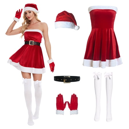 GYQMBT Women's Mrs. Claus Santa Costume 5 Pcs Christmas Dress Red Holiday Dresses for Women Cosplay Outfit,M