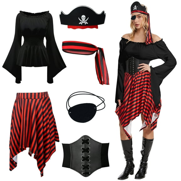 GYQMBT Womens Pirate Costume Renaissance Shirt Dress with Headband Eye Patch Pirate Hat Waistcoat Medieval Costume Accessory Set, Black, 2XL