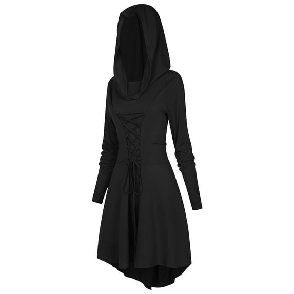 GYQMBT Womens Renaissance Costumes Halloween Hooded Robe Lace Up Vintage Pullover High Low Long Hoodie Dress(Black,M)