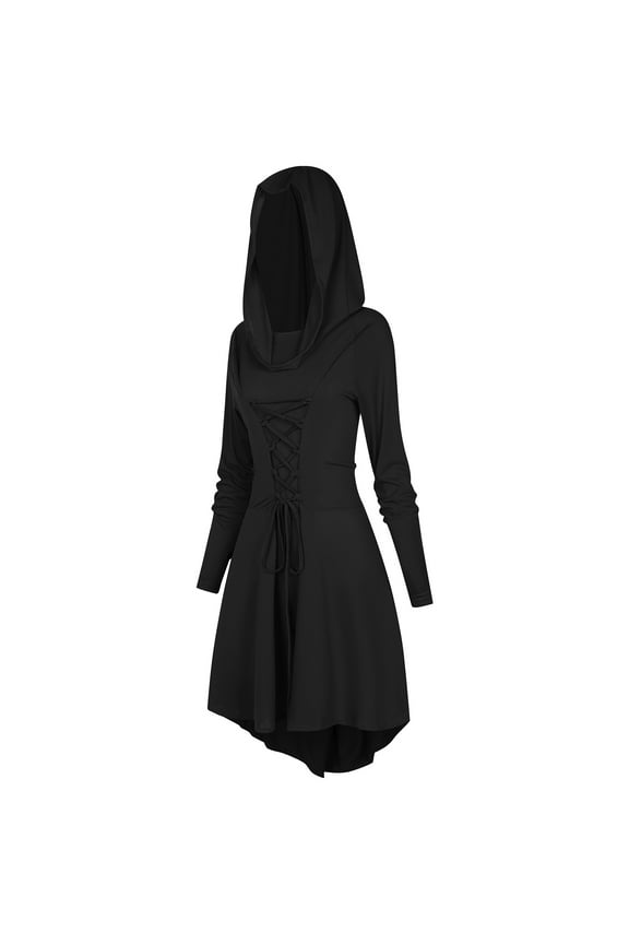 Womens Renaissance Costumes Halloween Hooded Robe Lace Up Vintage Pullover High Low Long Hoodie Dress(Black,S)