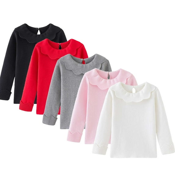 GYRATEDREAM 1-7T Toddler Baby Girl Kids Blouses Long Sleeves Solid Color Doll Collar T-Shirt Top Kids Ribbed Pullover Undershirt, 6-7Y