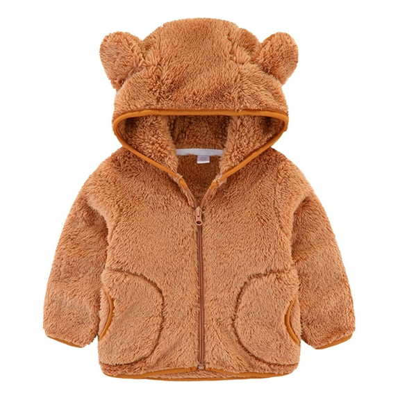 GYRATEDREAM 1-7Y Girls Boys Hooded Fleece Jacket Toddler Baby Bear Ears Zip Up Solid Color Outwear Coat with Pockets Kids Children Fall Winter Clothes Light Brown