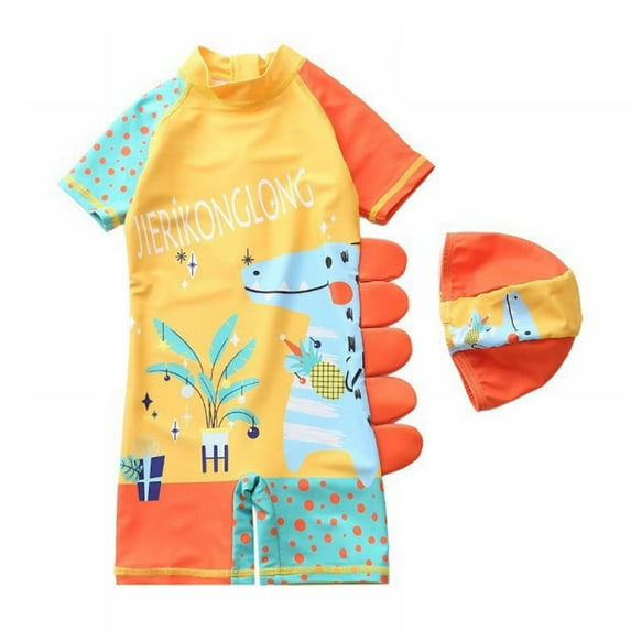 GYRATEDREAM 1-7Y Kid Boys Girls One Piece Swimsuit Water Sport Short Swimwear UPF 50+ Bathing Suits with Swim Cap - Dinosaur