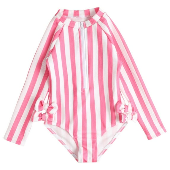 GYRATEDREAM 2-10T Girls One Piece Rashguard Swimsuit Long Sleeve Zip Up Stripe Bathing Suit
