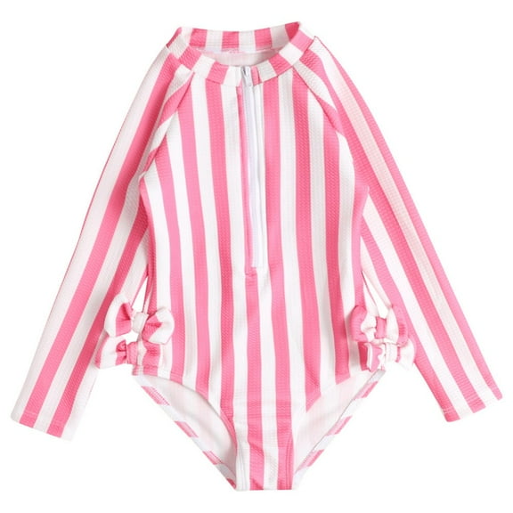 GYRATEDREAM 2-10T Girls One Piece Rashguard Swimsuit Long Sleeve Zip Up Stripe Bathing Suit