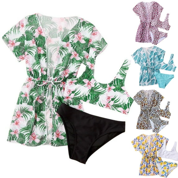 GYRATEDREAM 2-12 Years Girl's Tropical Print Bikini Bathing Suit with Kimono 3 Piece Floral Swimsuits