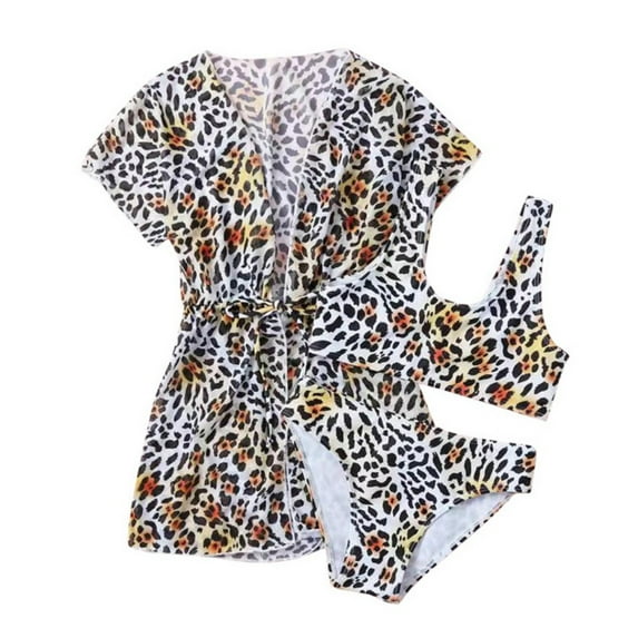 GYRATEDREAM 2-12 Years Girl's Tropical Print Bikini Bathing Suit with Kimono 3 Piece Floral Swimsuits